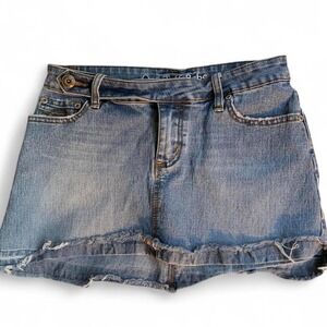 Y2K‎ Low Rise Denim Micro Mini Skirt Womens 7/8 Raw Hem Distressed One Tuff Babe